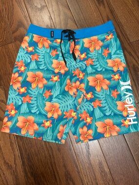 Hurley Blue Teal Swim Trunks with Orange Floral Print Neptune Size 10